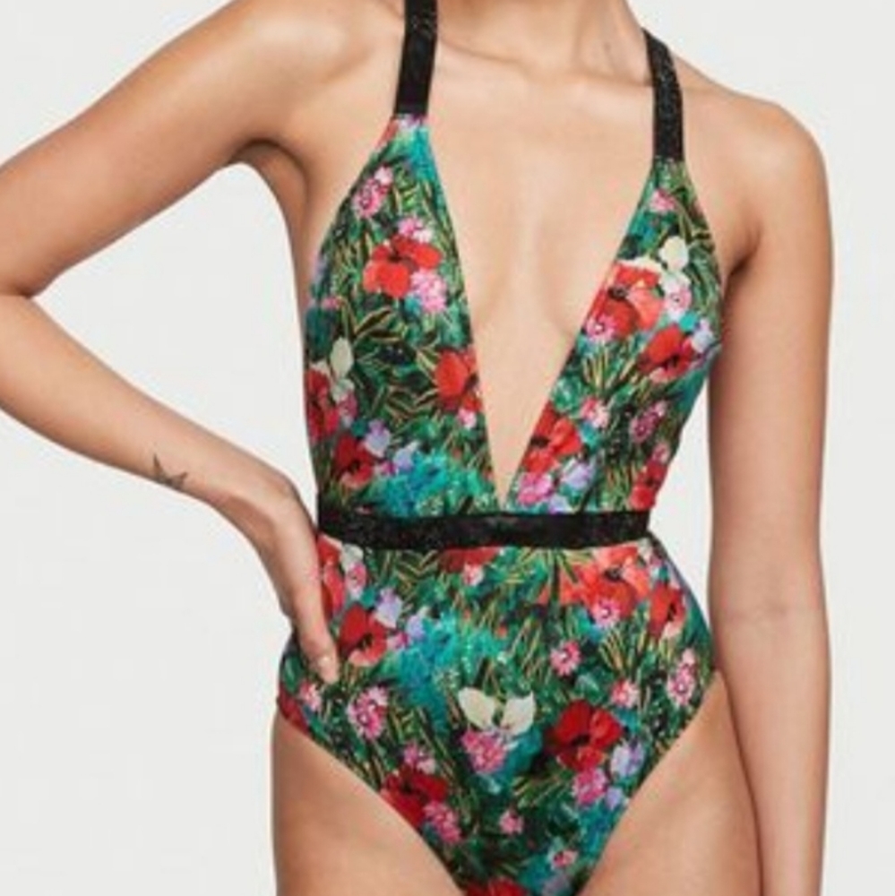 NWT Victoria's Secret Floral Print Shine Strap Plunge One Piece Swimsuit, XL